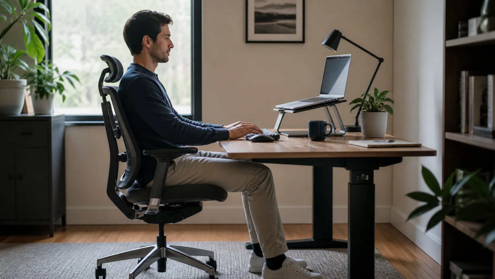 Ergonomski uređen kućni radni stol s podignutim laptopom