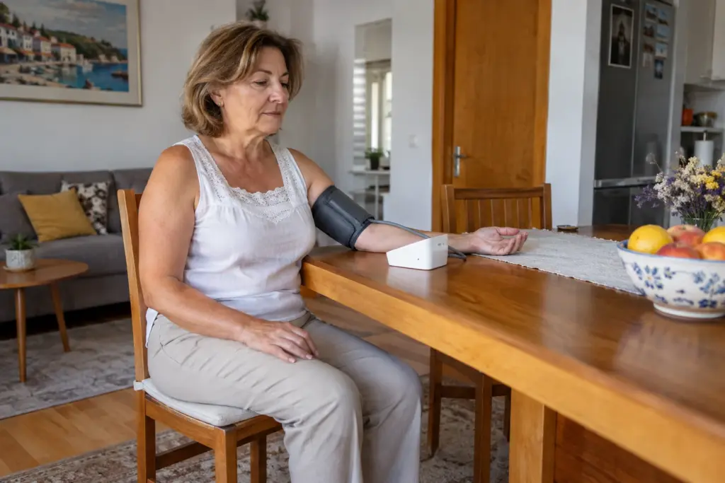 Odrasla žena sjedi oslonjenih leđa i mjeri tlak manšetom na goloj nadlaktici uz ruku poduprtu na stolu