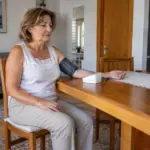 Odrasla žena sjedi oslonjenih leđa i mjeri tlak manšetom na goloj nadlaktici uz ruku poduprtu na stolu